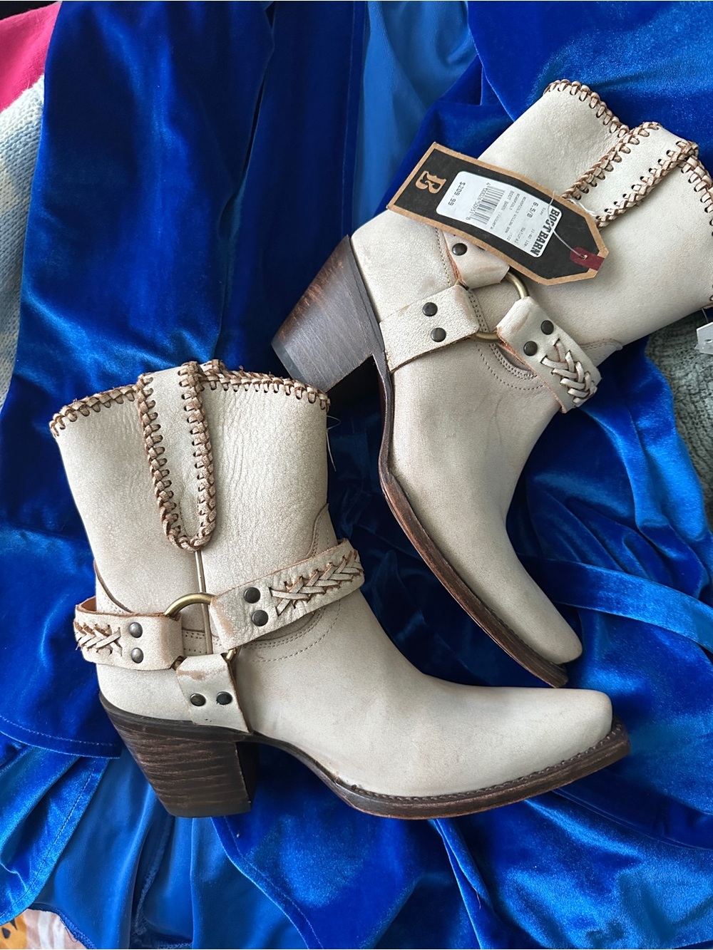 Women's Cream Western Booties with Braided Harness